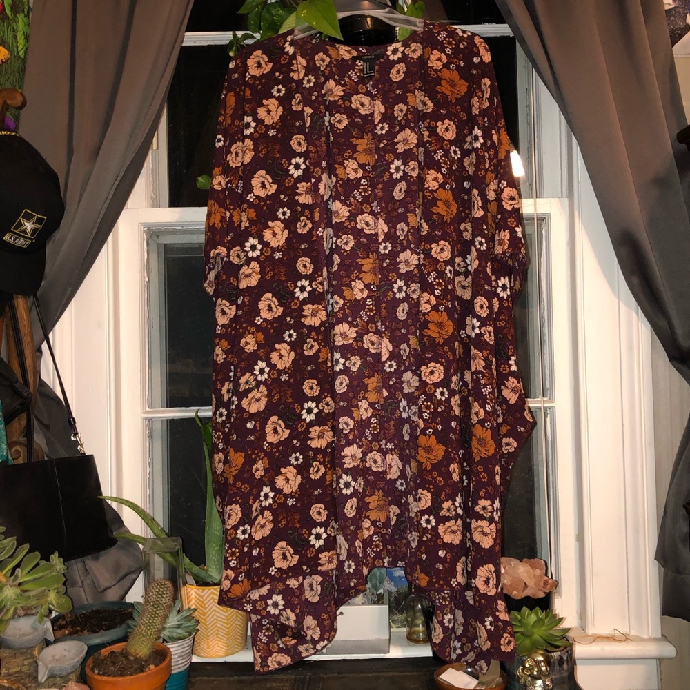 Long floral short sleeve cardigan